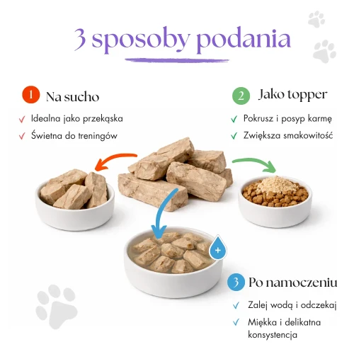 Dr Malou liofilizowana wątroba wołowa – trzy sposoby podania: na sucho, jako topper i po namoczeniu