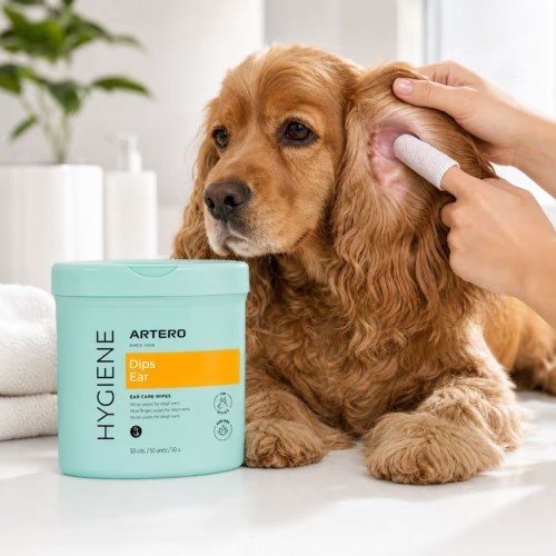 Czyszczenie ucha psa chusteczką Artero Dips Ear Hygiene – pielęgnacja uszu cocker spaniela.