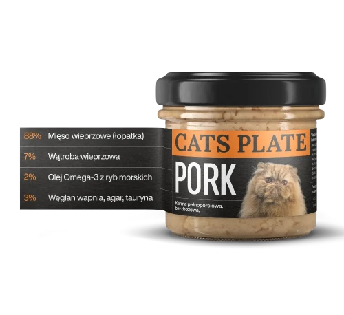 Cats Plate Pork 100 g – słoik karmy dla kota z grafiką przedstawiającą procentowy udział składników