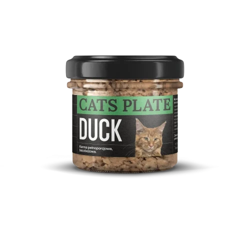 Cats Plate Duck 100 g – mokra karma dla kota z kaczką w słoiku z czarną zakrętką i etykietą z wizerunkiem kota