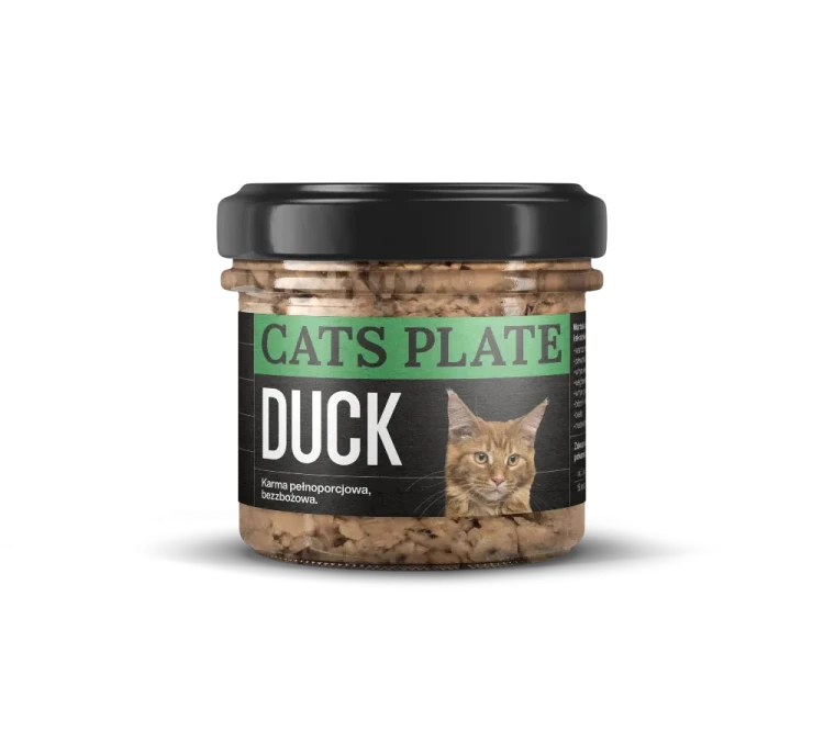 Cats Plate Duck 100 g – mokra karma dla kota z kaczką w słoiku z czarną zakrętką i etykietą z wizerunkiem kota