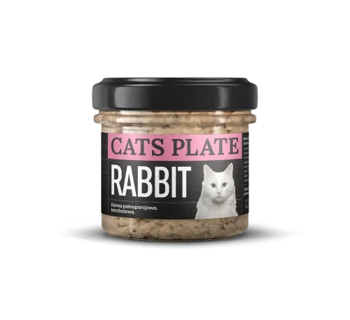 Cats Plate Rabbit 100 g – słoik mokrej karmy dla kota z czarną zakrętką i etykietą z białym kotem