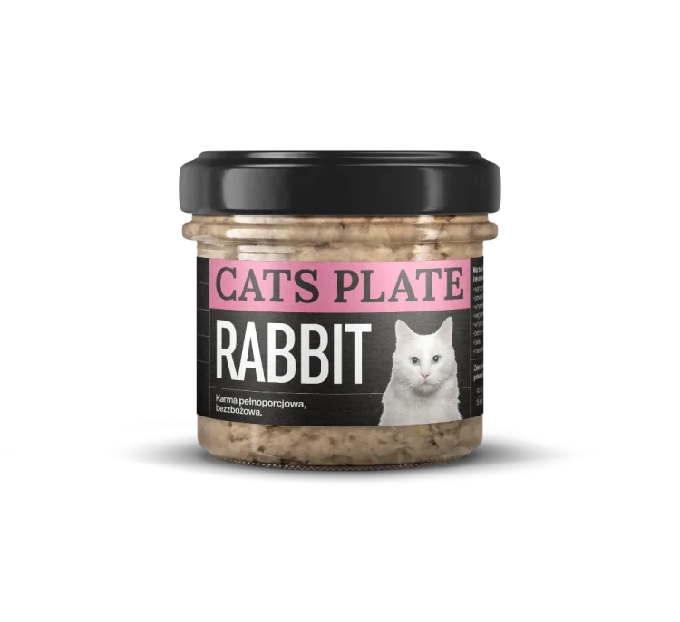 Cats Plate Rabbit 100 g – słoik mokrej karmy dla kota z czarną zakrętką i etykietą z białym kotem