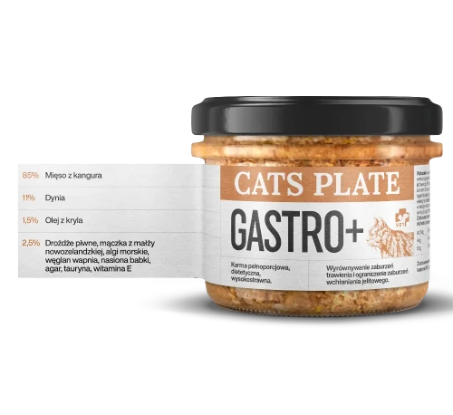Cats Plate Vet Gastro+ 180 g – słoik karmy dla kota z zestawieniem składu: 85% mięsa kangura, 11% dyni i 1,5% oleju z kryla