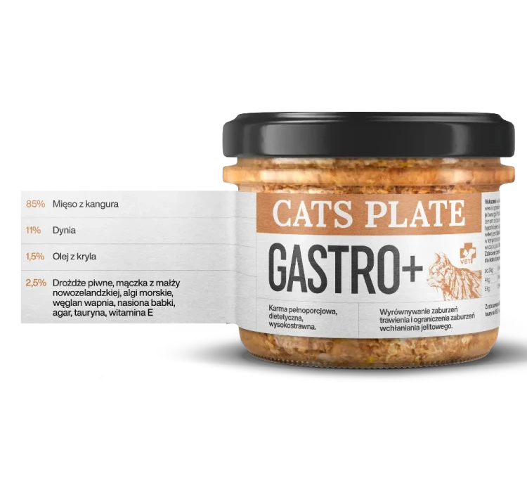Cats Plate Vet Gastro+ 180 g – słoik karmy dla kota z zestawieniem składu: 85% mięsa kangura, 11% dyni i 1,5% oleju z kryla