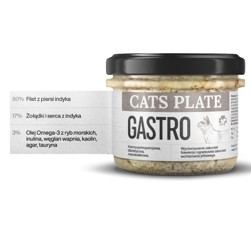 Cats Plate Vet Gastro 180 g – słoik karmy dla kotów z widocznym składem na etykiecie
