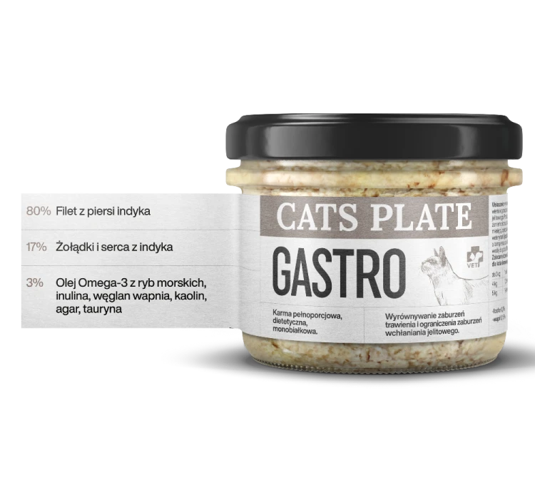 Cats Plate Vet Gastro 180 g – słoik karmy dla kotów z widocznym składem na etykiecie