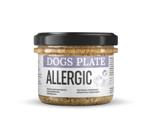Dogs Plate Vet Allergic 180 g – słoik mokrej karmy z koniną dla psa z etykietą Allergic