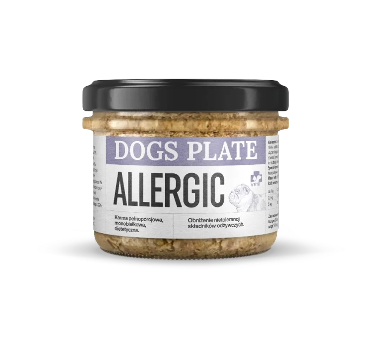Dogs Plate Vet Allergic 180 g – słoik mokrej karmy z koniną dla psa z etykietą Allergic
