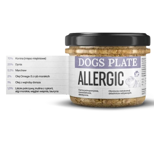 Dogs Plate Vet Allergic 180 g – słoik karmy dla psa z widocznym zestawieniem składu procentowego