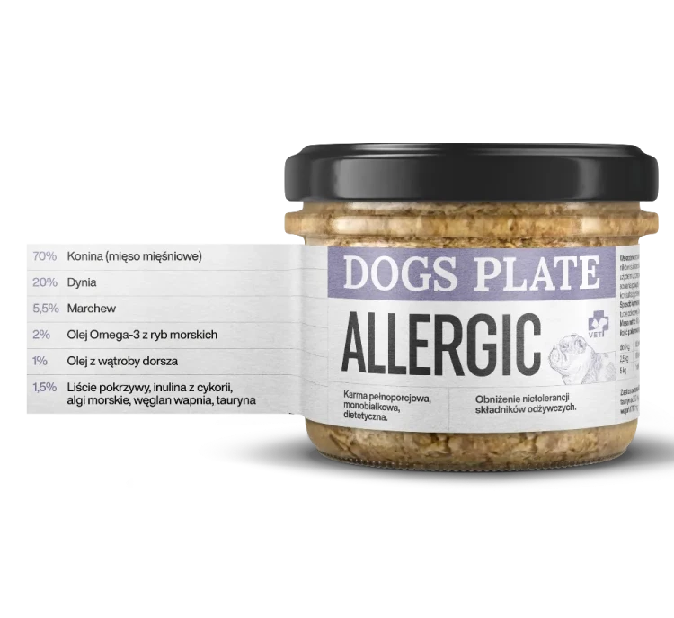 Dogs Plate Vet Allergic 180 g – słoik karmy dla psa z widocznym zestawieniem składu procentowego