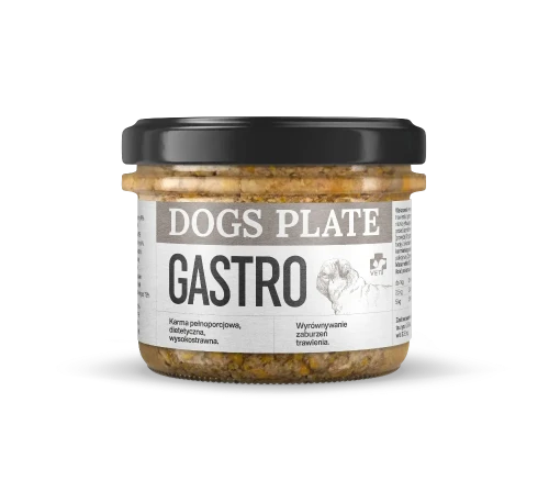 Dogs Plate Vet Gastro 180 g – słoik mokrej karmy dla psa z mięsem sarny, czarna zakrętka i etykieta Gastro