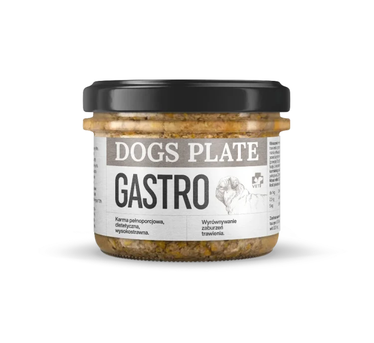 Dogs Plate Vet Gastro 180 g – słoik mokrej karmy dla psa z mięsem sarny, czarna zakrętka i etykieta Gastro