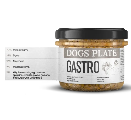Dogs Plate Vet Gastro 180 g – słoik karmy dietetycznej dla psa z zestawieniem składu procentowego