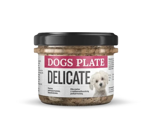 Dogs Plate Delicate 180 g – mokra karma z królikiem dla psa w szklanym słoiku z czarną zakrętką