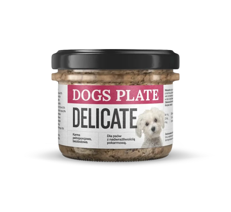 Dogs Plate Delicate 180 g – mokra karma z królikiem dla psa w szklanym słoiku z czarną zakrętką