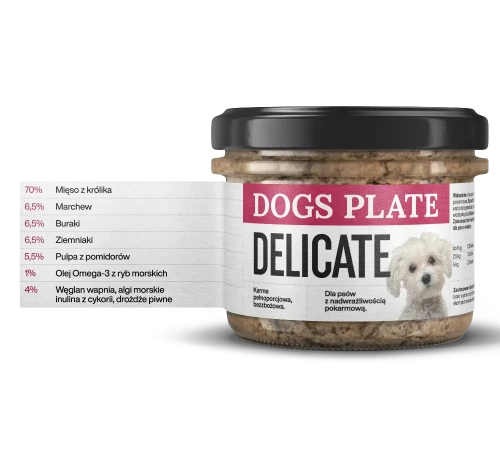 Dogs Plate Delicate 180 g – słoik monobiałkowej karmy dla psa z zestawieniem składników i ich zawartości procentowej