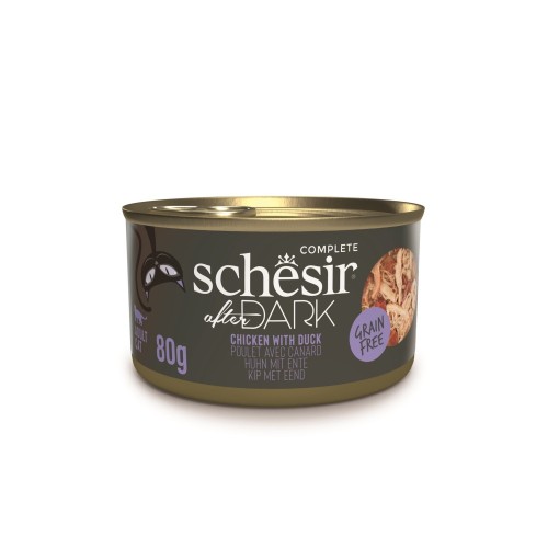 Schesir After Dark Kurczak z Kaczką 80 g – puszka karmy mokrej dla kota, widok z przodu