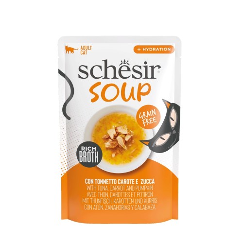 Schesir Soup 40 g – saszetka z zupą dla kota z tuńczykiem, marchewką i dynią, przód opakowania
