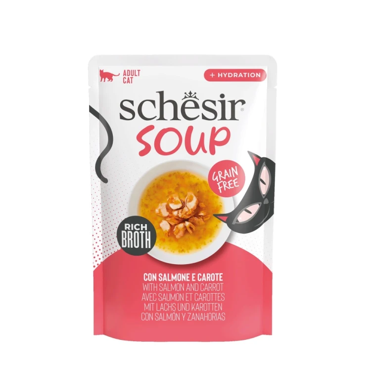 Schesir Soup z łososiem i marchewką 40 g – saszetka zupy dla kota z ilustracją miski zupy