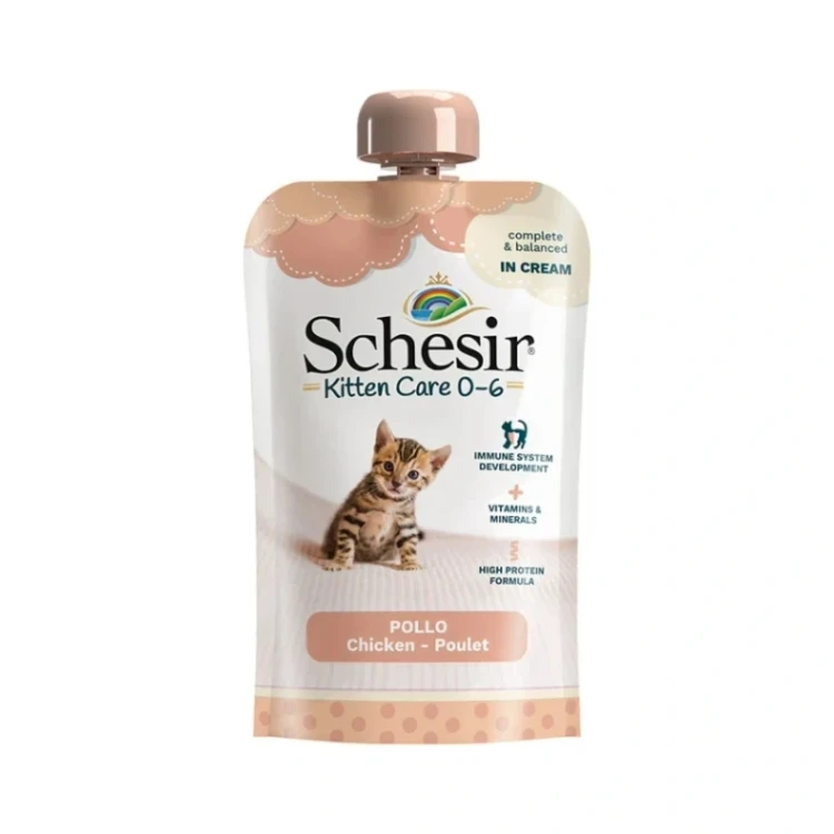 Schesir Baby Kitten Care 0–6 z kurczakiem – saszetka 150 g z zakrętką i wizerunkiem kocięcia