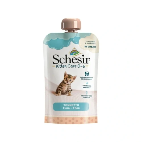 Schesir Baby Kitten Care 0–6 z tuńczykiem 150 g – kremowa karma dla kociąt w saszetce z zakrętką, widok opakowania z przodu
