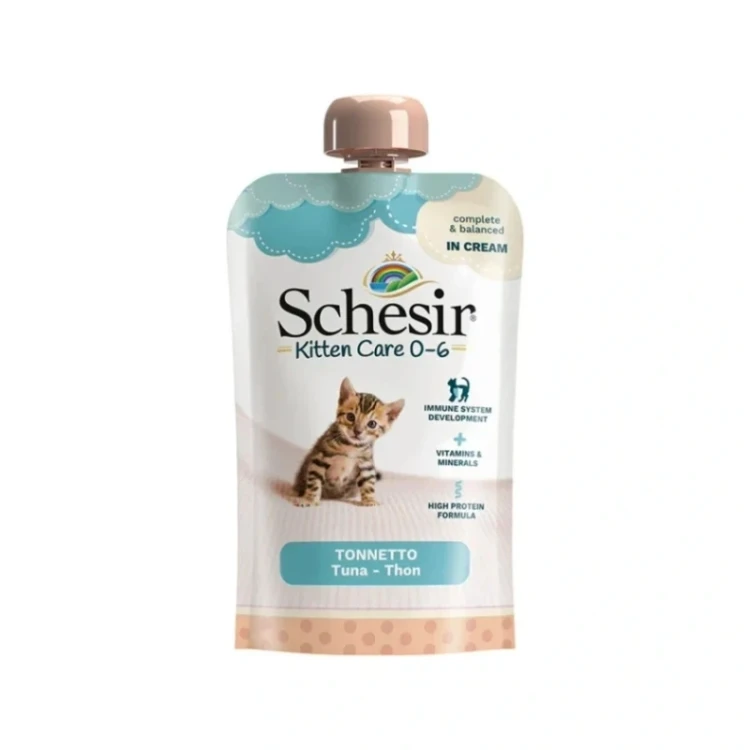 Schesir Baby Kitten Care 0–6 z tuńczykiem 150 g – kremowa karma dla kociąt w saszetce z zakrętką, widok opakowania z przodu