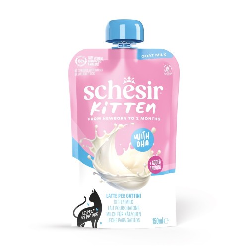 Schesir Kitten Milk mleko kozie dla kociąt 150 ml – różowa saszetka z niebieską zakrętką
