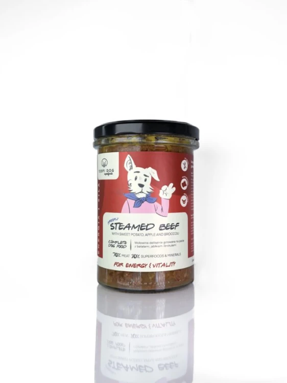 YOOPI DOG Superfoods Delikatna Wołowina 400 g – szklany słoik karmy mokrej dla psa z czarną zakrętką i etykietą
