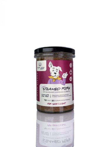 YOOPI DOG Superfoods Delikatna Wieprzowina 400 g – karma mokra dla psa w szklanym słoiku z czarną zakrętką, widok z przodu