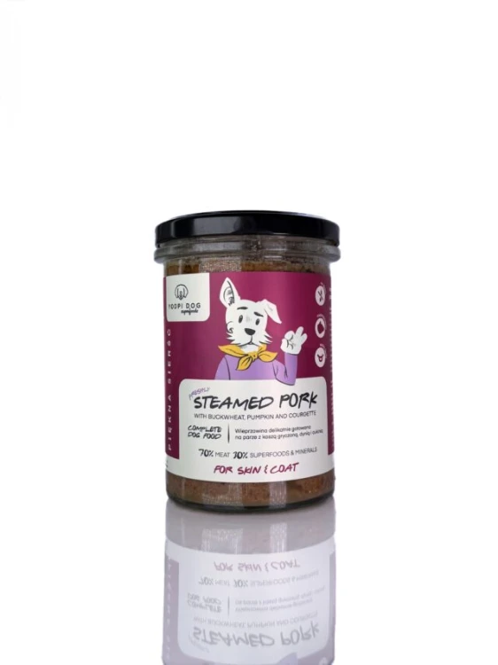 YOOPI DOG Superfoods Delikatna Wieprzowina 400 g – karma mokra dla psa w szklanym słoiku z czarną zakrętką, widok z przodu