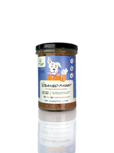 YOOPI DOG Superfoods Królik z borówkami – karma mokra dla psa w szklanym słoiku 400 g z czarną zakrętką i etykietą z ilustracją psa