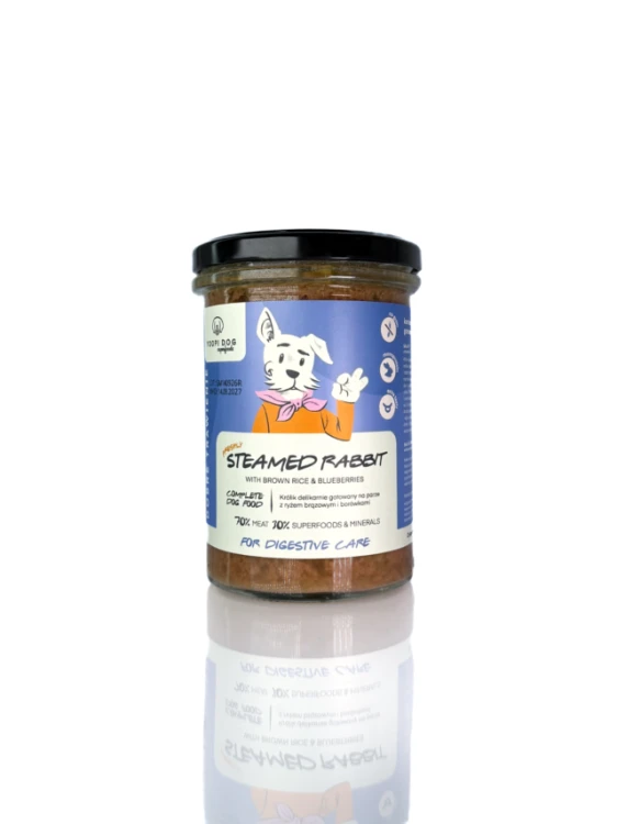 YOOPI DOG Superfoods Królik z borówkami – karma mokra dla psa w szklanym słoiku 400 g z czarną zakrętką i etykietą z ilustracją psa