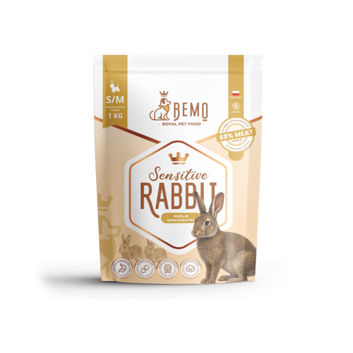 Bemo Sensitive Rabbit 1 kg S/M – opakowanie hipoalergicznej karmy suchej dla psa z ilustracją królika