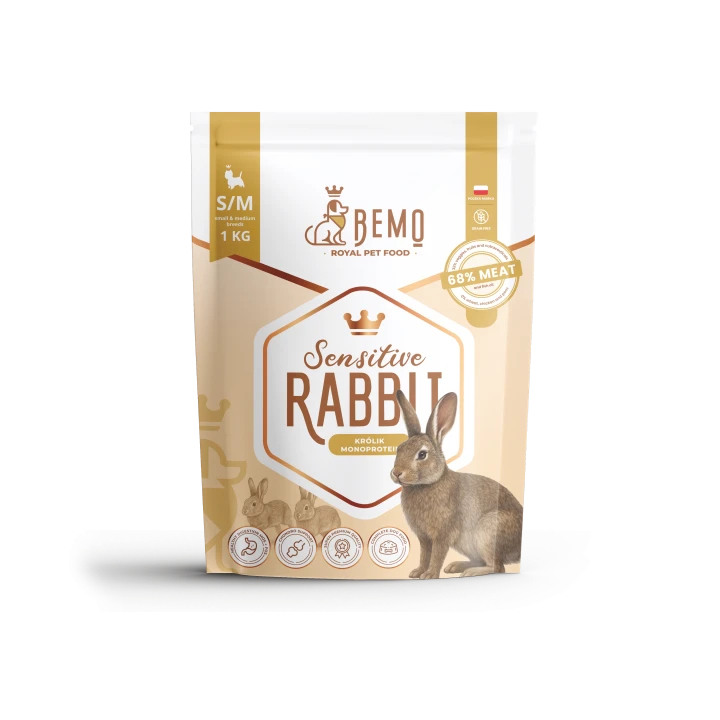 Bemo Sensitive Rabbit 1 kg S/M – opakowanie hipoalergicznej karmy suchej dla psa z ilustracją królika