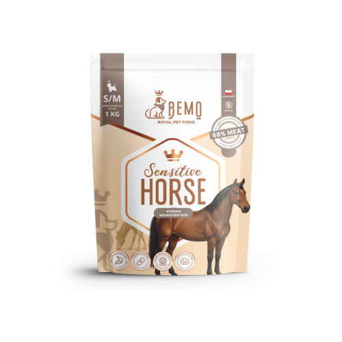 Bemo Sensitive Horse – opakowanie karmy suchej z koniną 1 kg, z wizerunkiem konia i oznaczeniem M/L