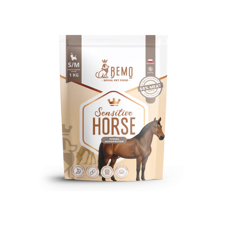 Bemo Sensitive Horse – opakowanie karmy suchej z koniną 1 kg, z wizerunkiem konia i oznaczeniem M/L