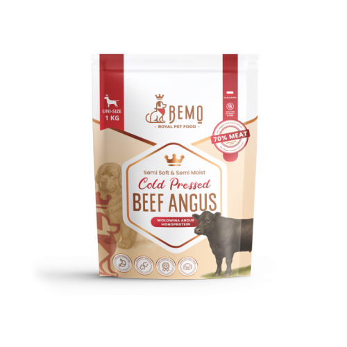 Tabela dawkowania karmy Bemo Cold Pressed Beef Angus według wagi psa, aktywności i wieku