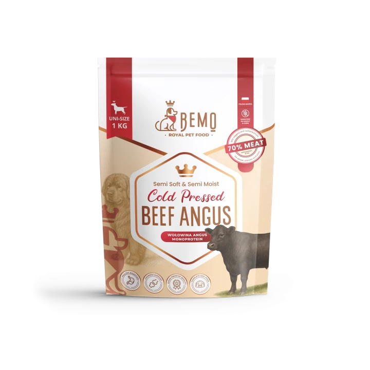 Tabela dawkowania karmy Bemo Cold Pressed Beef Angus według wagi psa, aktywności i wieku