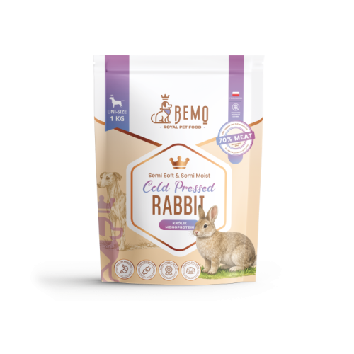 Bemo Cold Pressed Rabbit 1 kg – opakowanie półwilgotnej karmy dla psa z ilustracją królika