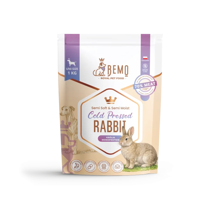 Bemo Cold Pressed Rabbit 1 kg – opakowanie półwilgotnej karmy dla psa z ilustracją królika