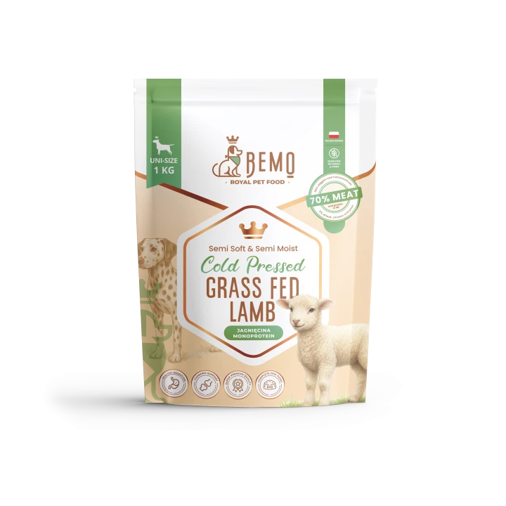 Bemo Cold Pressed Grass Fed Lamb 1 kg – opakowanie półwilgotnej karmy z jagnięciną dla psa