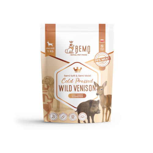 Bemo Cold Pressed Wild Venison 1 kg – opakowanie półwilgotnej karmy dla psa z ilustracjami dzika i sarny