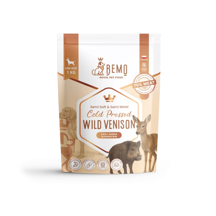 Bemo Cold Pressed Wild Venison 1 kg – opakowanie półwilgotnej karmy dla psa z ilustracjami dzika i sarny
