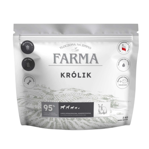 Farma Królik 2 kg – front opakowania bezzbożowej karmy tłoczonej na zimno dla dorosłych psów