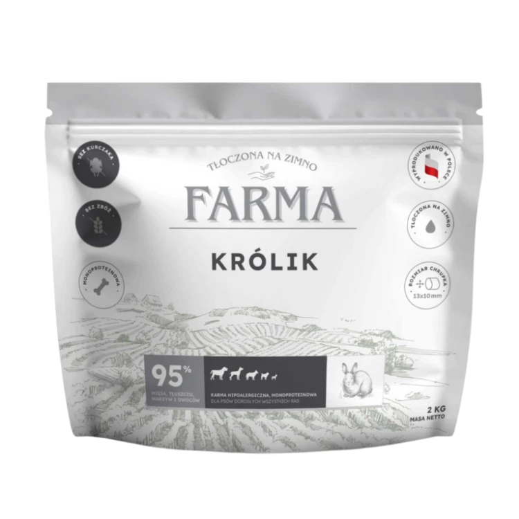 Farma Królik 2 kg – front opakowania bezzbożowej karmy tłoczonej na zimno dla dorosłych psów