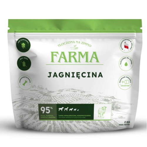 Farma Jagnięcina 2 kg – opakowanie bezzbożowej karmy dla dorosłych psów tłoczonej na zimno, widok z przodu