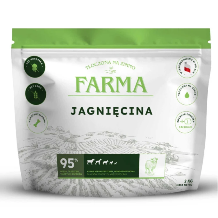 Farma Jagnięcina 2 kg – opakowanie bezzbożowej karmy dla dorosłych psów tłoczonej na zimno, widok z przodu