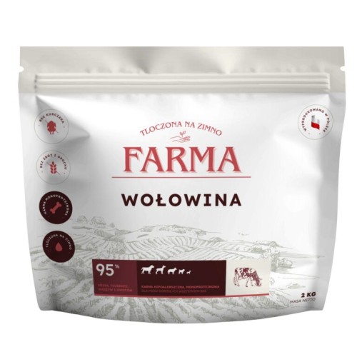 Farma Wołowina 2 kg – opakowanie bezzbożowej karmy dla dorosłych psów tłoczonej na zimno