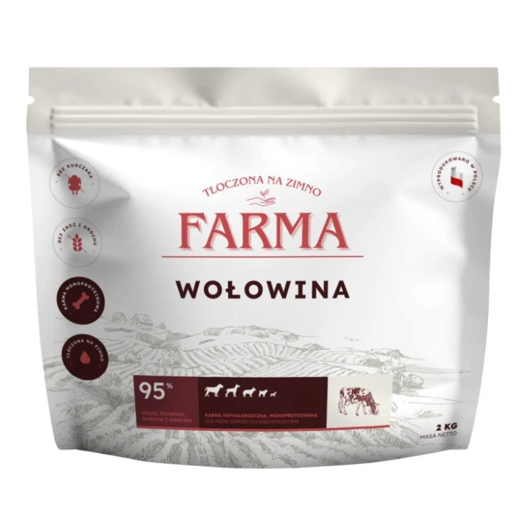 Farma Wołowina 2 kg – opakowanie bezzbożowej karmy dla dorosłych psów tłoczonej na zimno